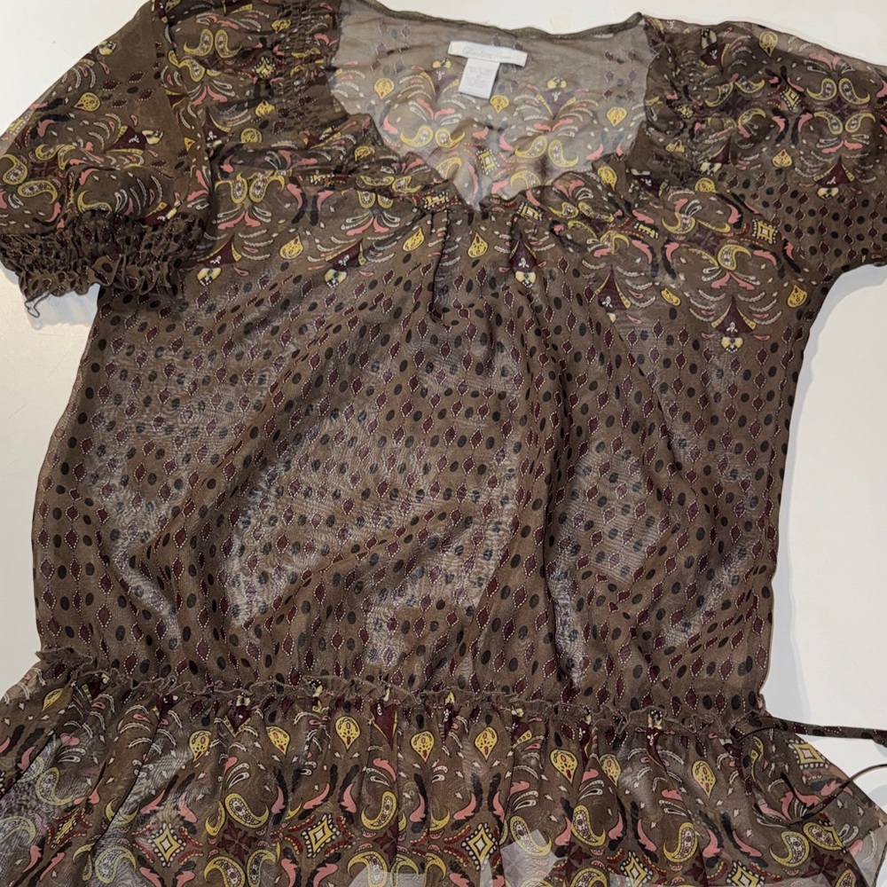 Charlotte Russe Y2K Brown Paisley Sheer Ruched Tie Blouse size Medium